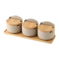 Logo personnalisé japonais en céramique bambou et couvercle en bois pot d'assaisonnement boîte assaisonnement cuisine ménage pot de sel ensemble
