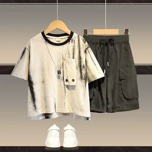 Ensemble de vêtements pour garçons avec logo personnalisé, ensemble de sweat-shirts et de <span class=keywords><strong>t</strong></span>-shirts en coton brodé rétro délavé à l'acide, vêtements de sport pour enfants - Product Image 1