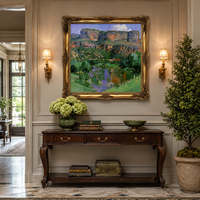 Peinture à l'huile vintage de paysage de canyon sur toile, encadrée or, faite à la main, pour décoration murale montagne et rivière, idéale pour hôtel, villa, chalet, salon