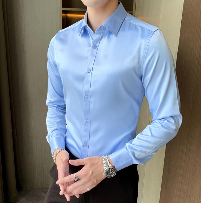 Korean Slim Men's Ice Silk Long Sleeve Casual Shirt - Customizable Colors & Designs, Breathable & Eco-Friendly Fashion Korean Slim Men's Ice Silk Long Sleeve Casual Shirt - Customizable Colors & Designs, Breathable & Eco-Friendly Fashion