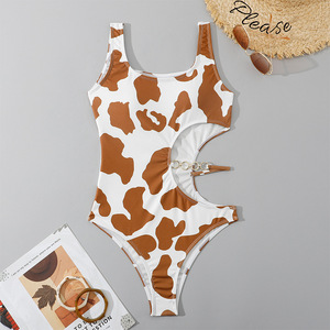 Bikini sexy de estilo europeo y americano 2022, traje de baño de una pieza con estampado de vaca y aberturas para mujer. - Product Image 2