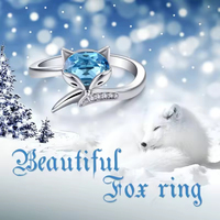Bague en argent sterling 925 avec aquamarine simulée, motif renard, design queue réglable, bijoux pour femme, vente en gros, cadeau d'anniversaire
