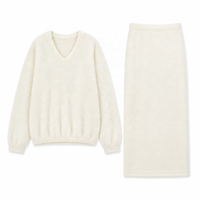 Ensemble pull tricoté deux pièces col en V oversize et jupe longue côtelée pour femme, automne-hiver, vente en gros ODM
