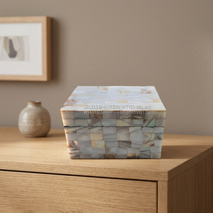 Boîte à bijoux rectangulaire en bois fait main avec incrustation de nacre, avec couvercle, pour rangement et décoration, idéale comme cadeau. - Product Image 3