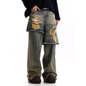 مصنع مخصص 2 في 1 للوزن الثقيل خمر غسل تلاشى تنحنح الخام البالية جودة عالية اشتعل الجينز الجينز الرجال الجينز مكدسة - Product Image 6