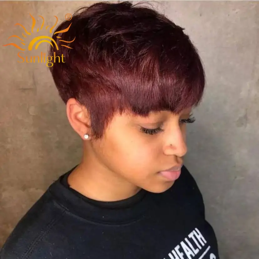 Bas Prix De Gros 99j Rouge Couleur Vrai Cheveux Humaine Bresilienne Perruque Coupe Courte Pixie Bob Cheveux Humains Giet Femme