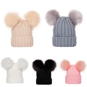 Gorro de punto para bebé, gorros cálidos de piel para bebé, de punto doble con pompón gorrito, Invierno 2022