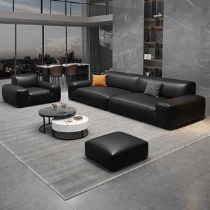 Italian Minimalist Black Bull Leather <b>Sofa</b> Straight Latex Block Couch <b>For</b> Living Room Apartment And Rental House - Product Image 4