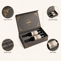 Scatola Rigida Orizzontale Personalizzata per Due Bottiglie di Vino, Grigio Caldo con Cornice Dorata e Finestra per Etichetta