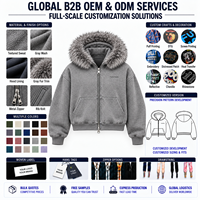 Sweat à capuche zippé personnalisé coupe courte, coupe ample unisexe, gris, avec bordure en fourrure, poche fendue, fermeture éclair bidirectionnelle, style streetwear, fournisseur en gros pour marques