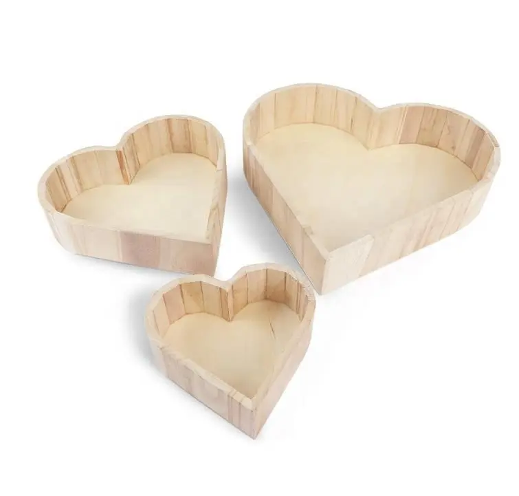 3 Pack Inachevé En Bois En Forme De Coeur Ensemble de Plateau pour le Stockage et L'affichage Imbriqués conception en bois en forme de coeur boîte-cadeau