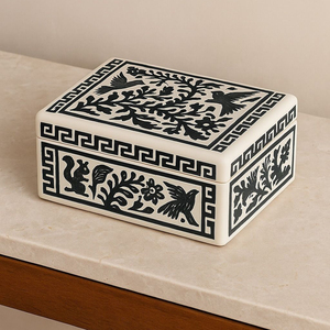 Midnight Aviary Bone Inlay <b>Box</b> Handcrafted Decorative <b>Storage</b> <b>Box</b> with Elegant Black and White Floral Motif Bone Inlay <b>Box</b> - Product Image 1