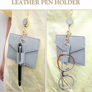 Factory Office Badge <b>Holder</b> High Quality Genuine Leather Credit <b>ID</b> Card <b>Holder</b> with Stretch Neck Lanyard and Pen Clip - Product Image 2