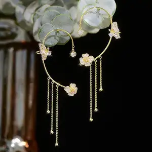 Gostar Jewelry 1 pc Shiny Zircon Butterfly Ear Cuff Gold Color Tassel Clip Women Korea Style Copper Without Piercing Earring