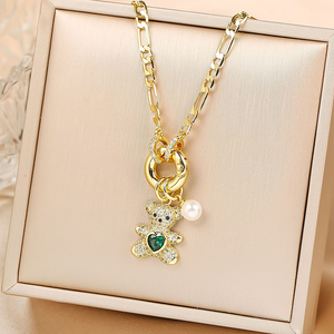 Colliers à la mode avec pendentif ours en peluche en forme <span class=keywords><strong>de</strong></span> cœur, plaqué or, zircon cubique coloré, chaîne animale mignonne - Product Image 3