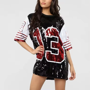 Personalizzato qualsiasi numero maglia sportiva casual con paillettes t shirt lunga con sfondo di paillettes abiti gonna numero 13 maglia di paillettes da donna - Product Image 1