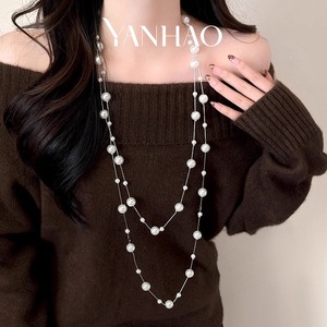 Collana lunga a strati di perle bianche a più strati stile coreano catena di felpe a catena maglione da donna - Product Image 5