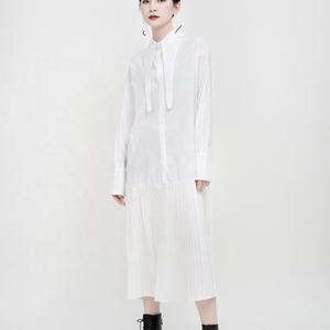 Abito Camicia da Donna Tongrui <span class=keywords><strong>Bianco</strong></span> e <span class=keywords><strong>Nero</strong></span> <span class=keywords><strong>con</strong></span> <span class=keywords><strong>Colletto</strong></span> Grazioso e Pannello Plissettato a Maniche Lunghe - Product Image 1