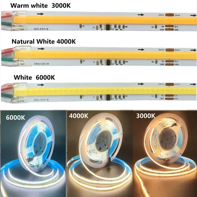 Staircase Lighting COB LED Strip 24V WS2811 Flowing Water Effect 360 LEDs/m Addressable White Tape 10m for Motion Sensor