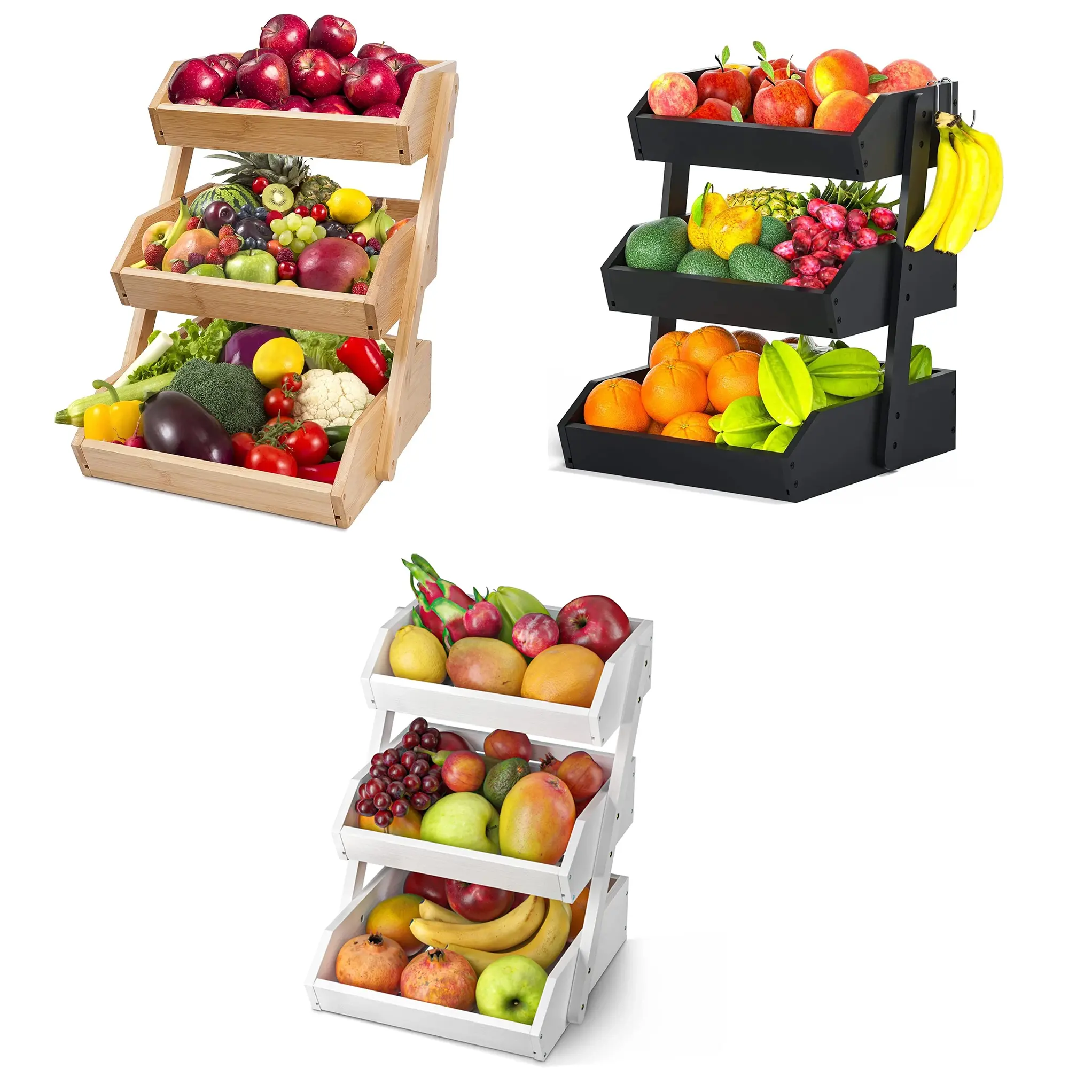 Porte-fruits et légumes de comptoir portable personnalisé Panier de rangement pour fruits à 3 niveaux Plateaux de rangement en bambou Paniers à fruits