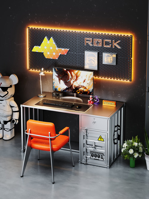 Industrial-style Office Computer Writing Workstation Desk with Drawers and Storage PVC Material for Office Study Gaming