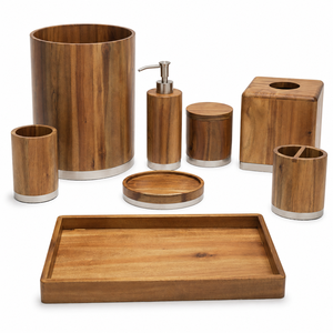 Juego de Accesorios de Baño de Madera Natural de Estilo Moderno con Detalles de Base de Metal Cepillado, Juego de Baño de 8 Piezas de Madera y Metal - Product Image 1