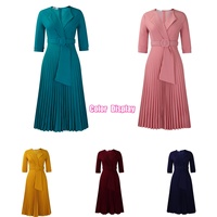 Nouvelle Robe Plissée Tendance pour Femme Col Revers Manches Mi-Longues Ceinturée Robe Trapèze Printemps Été Robe Habillée Formelle Taille Haute pour Dame de Bureau
