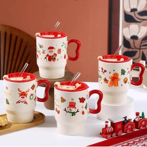 Mug en céramique avec couvercle et paille, motif de Noël de dessin animé, haute qualité, cadeau, motif Père Noël et sapin de Noël, résistant aux hautes températures - Product Image 1