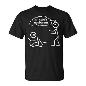 T-shirt divertente con disegno a fumetti 'Pull Yourself Together', camicia casual da uomo nera - Product Image 1