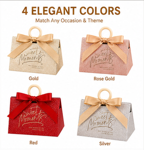 Custom Champagne Gold Textured Paper Gift <b>Box</b> with Wooden <b>Ring</b> Handle Satin Ribbon Bow Packaging for Luxury Jewelry Wholesale - Product Image 2