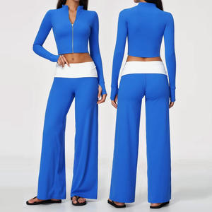 Conjunto Deportivo de 2 Piezas para Mujer, Top Corto sin Mangas con Cierre, Pantalones Acampanados de Cintura Alta, Azul a Rayas, Tejido Transpirable, Primavera/Verano - Product Image 1