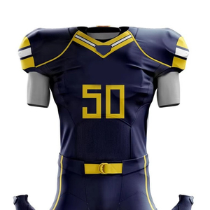 Ensemble de maillots de football américain personnalisés pour hommes, sublimés, col en V, manches courtes, bleu foncé, jaune, numéro de joueur 50 - Product Image 3