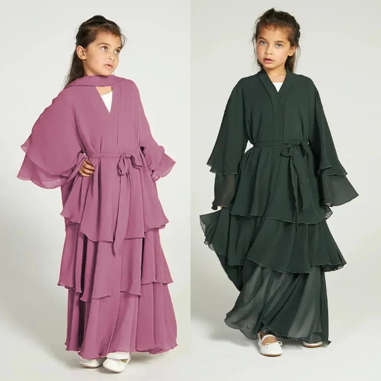 2 Pieces Set Modest Chiffon Muslim Dresses Eid Kids Abayas Girls Muslim Children 3 Layered Open Abaya With Hijab