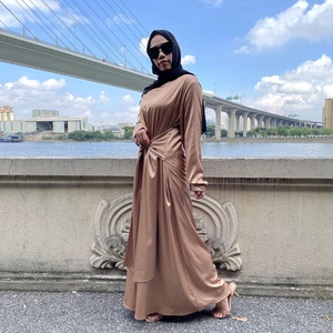 1925 #   Ensembles d'abayas en satin uni à manches longues avec ceinture et manches à volants, cardigan musulman islamique, costume abaya - Product Image 3