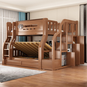 Letto a Castello in Legno Massello Stile Country Americano, Singolo su Matrimoniale, con Scala, Cassetti Contenitore, Scaffali Aperti e Sponda di Sicurezza, Arredamento per Cameretta Bambini - Product Image 3