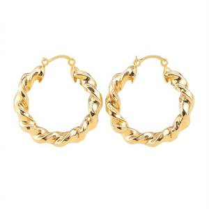 Boucles d'oreilles créoles torsadées dorées pour femmes, plaqué or 18 carats, en alliage, bijoux de fête tendance, grandes boucles d'oreilles statement - Product Image 1