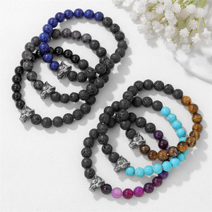 Pulsera <span class=keywords><strong>El</strong></span>ástica de Piedra Volcánica Natural con Cabeza de <span class=keywords><strong>Lobo</strong></span>, Joyería de Moda Comercial para <span class=keywords><strong>Hombre</strong></span> - Product Image 1