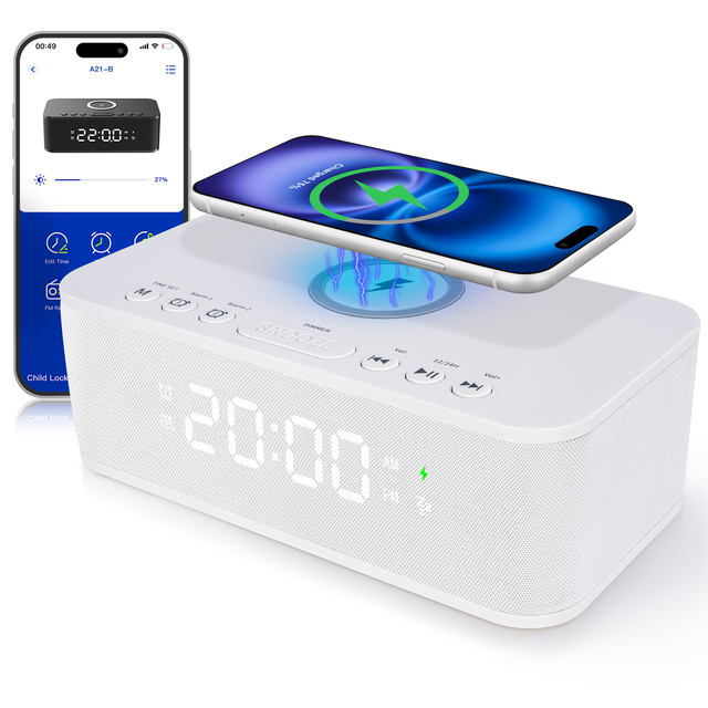 KENUO Bedside App Control 3 in 1 White Noise 10W Wireless Charge LED Digital Display Alarm Clock Speakers