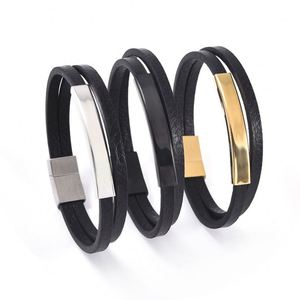Men's Latest Handmade Stainless Steel <b>Leather</b> Cord <b>Bracelet</b> Customized Mixed <b>Leather</b> Promotional Wristbands - Product Image 1