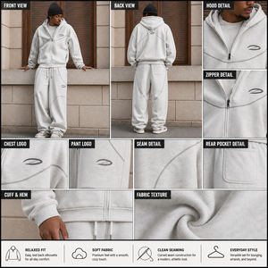 Completo coordinato due pezzi in cotone pesante 350gsm a costine bianco OEM, con felpa da uomo casual da sera taglie forti con cerniera e vestibilità aderente - Product Image 3