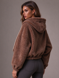 Nueva Chaqueta Corta con Capucha y Cierre de Cremallera para Mujer, Estilo Casual, Corte Holgado, para el Día a Día, Abrigo Cálido con Frente Abierto para Invierno - Product Image 3