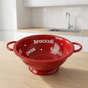 Passoire en plastique rouge avec impression de mots alimentaires, passoire durable pour la cuisine - Product Image 4
