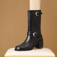 Bottines Western mi-mollet en cuir brillant à double boucle et talon carré