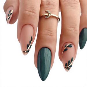 <span class=keywords><strong>Uñas</strong></span> Acrílicas de Presión con Diseño de Hojas Verdes Doradas, Estilo Stiletto Cuadrado, Acabado <span class=keywords><strong>Mate</strong></span> y Brillante, para Primavera/Verano, Decoración de Manicura DIY de Cobertura Completa - Product Image 1