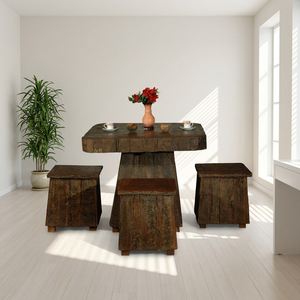 <b>Rustic</b> Solid <b>Wood</b> Restaurant <b>Tables</b> with 4 Stools Set Antique Design for <b>Dining</b> Commercial Use Handcrafted Wholesale Indian Expo - Product Image 1