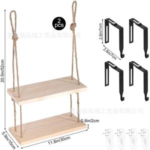 Simple wooden single-panel hemp rope hanging rack living room wall decorative <b>shelf</b>, no-drill multi-layer storage rack - Product Image 1