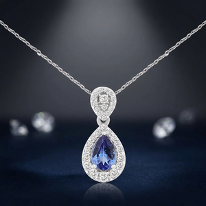 Collier pendentif en argent sterling 925 plaqué rhodium pour femme, saphir, diamant taille brillant rond, halo, goutte d'eau, bijoux classiques - Product Image 4