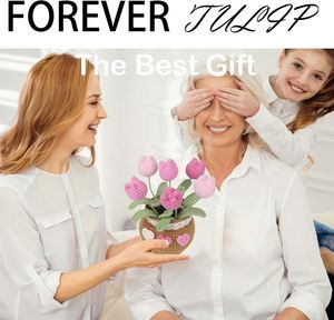 Aiwen Handmade Tulips Crochet Flower Bouquet Crocheted Potted Plant Knitted Flowers Forever Tulip Pot Crafted Home Office <b>Decor</b> - Product Image 5