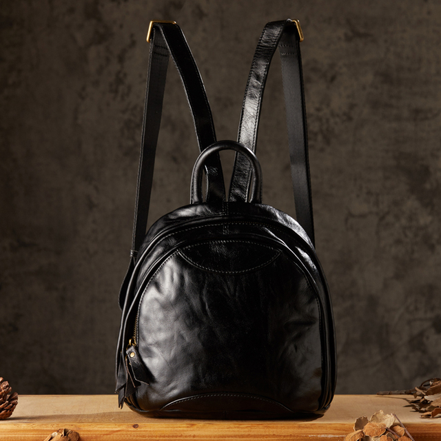 Handmade Vegetable-Tanned Genuine Leather Women's Fashion Casual Mini Backpack with Zipper Closure