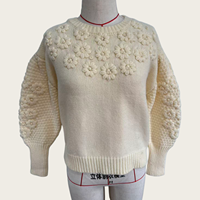 Pull en tricot ample et court à col rond, motif floral 3D fait main au crochet, style Cottagecore, pour femme, collection automne-hiver